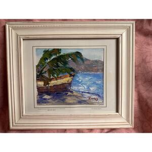 Vintage Mid Century Oil Painting Signed Ramos Coastal Beach Scene Palette Knife